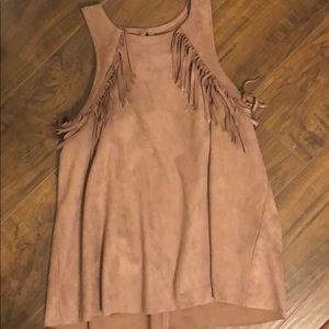 suede tan cut off shirt with fringe